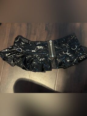 Y2K Black PVC Ruffle micro Mini Skirt with Zipper electric lingerie small goth
